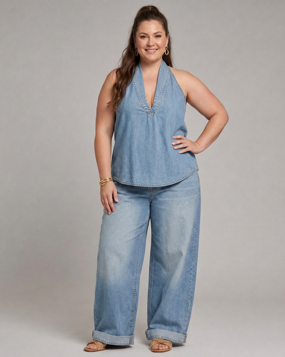 Opaline – Halter Neck Denim Top And Wide Leg Pants Set