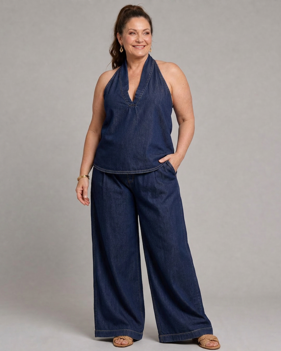 Opaline – Halter Neck Denim Top And Wide Leg Pants Set – view 4