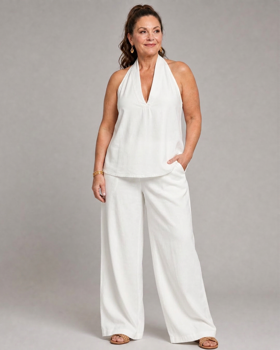Opaline – Halter Neck Denim Top And Wide Leg Pants Set – view 7