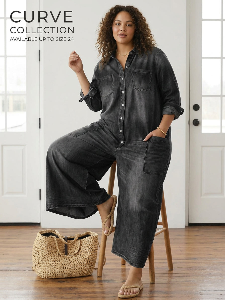 Pearl | Vintage Washed Soft Cotton Denim Jumpsuit with Button Closure