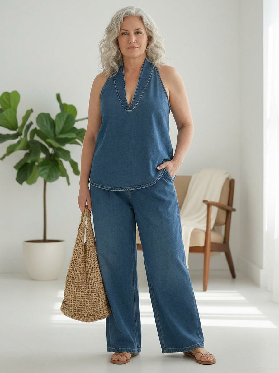 Junia | Vintage Washed Soft Denim-Look Two-Piece Set