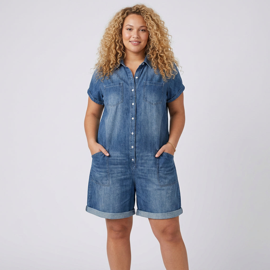 Katya | Vintage Short Cotton Denim-Look Overalls