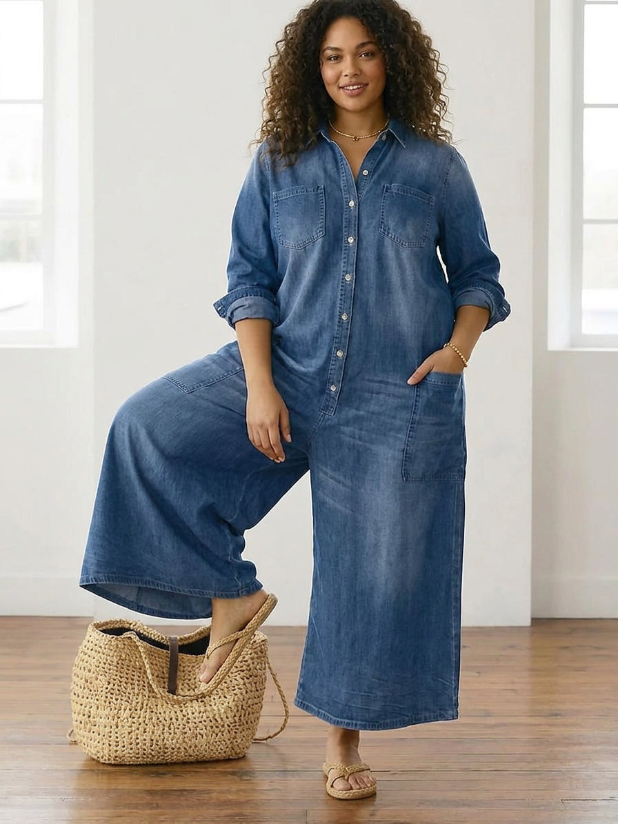Pearl | Vintage Washed Soft Cotton Denim Jumpsuit with Button Closure