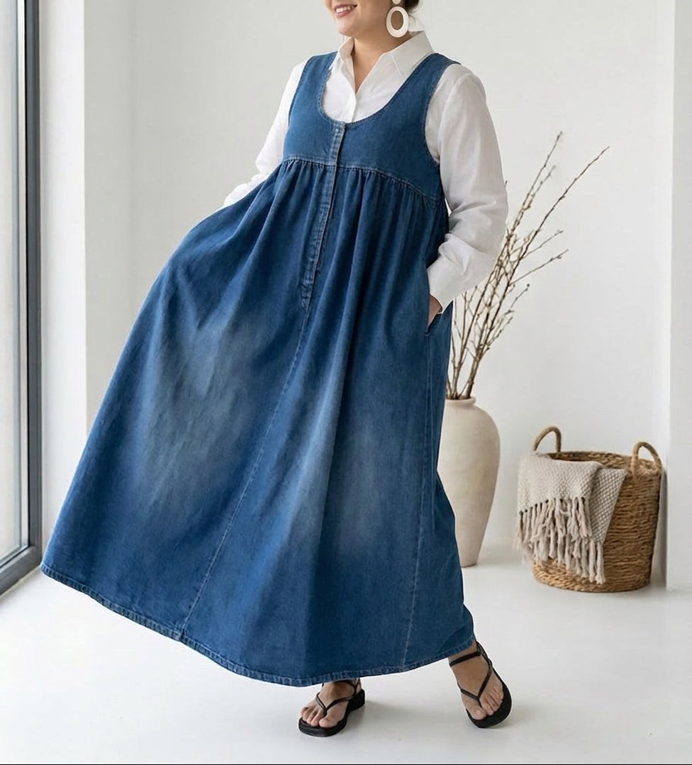 Sasha | Vintage Washed Soft Cotton Feel Denim Maxi Dress