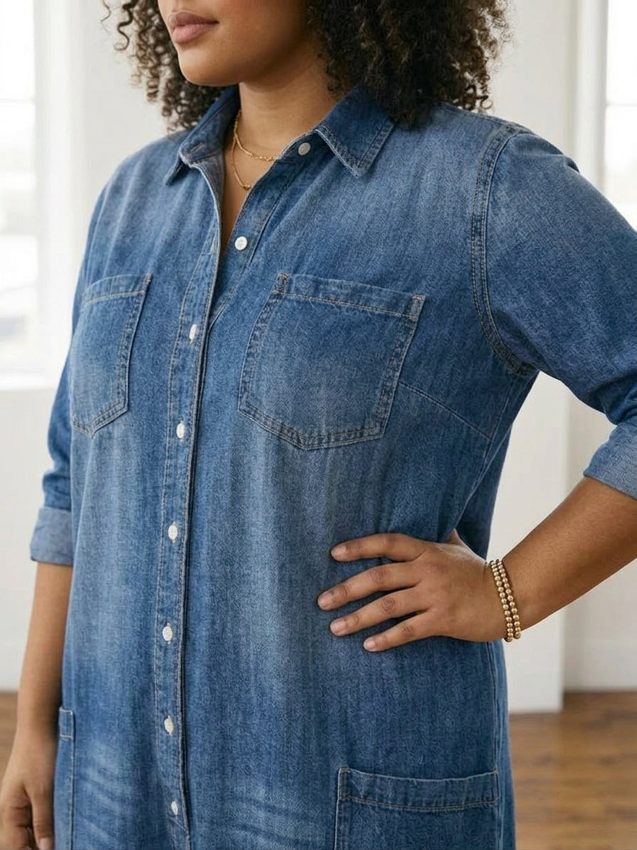 Pearl | Vintage Washed Soft Cotton Denim Jumpsuit with Button Closure