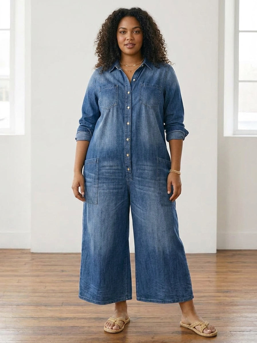 Pearl | Vintage Washed Soft Cotton Denim Jumpsuit with Button Closure