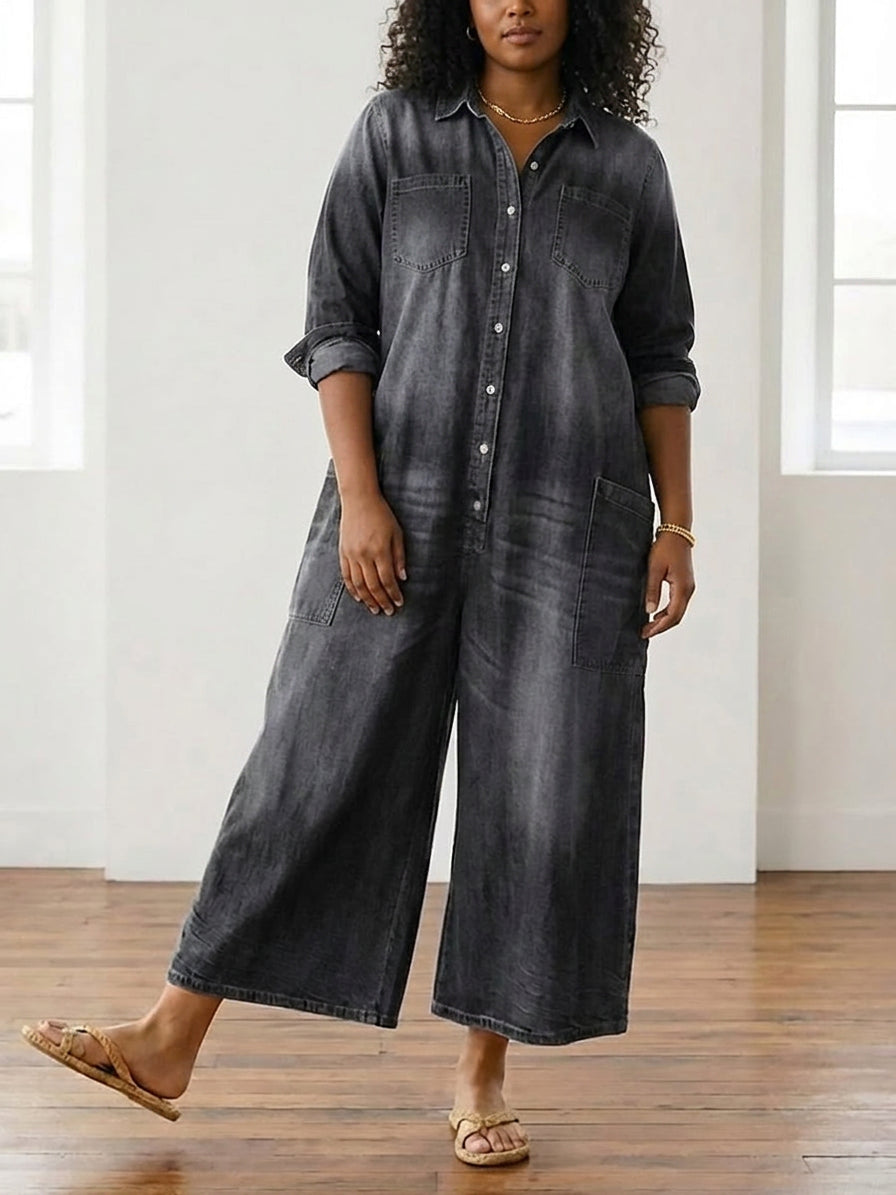 Pearl – Vintage Washed Soft Denim Jumpsuit with Button Closure – view 7