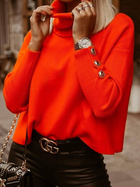 Priscilla – Funnel Neck Knit Sweater with Button Cuff Detail for Women – view 8