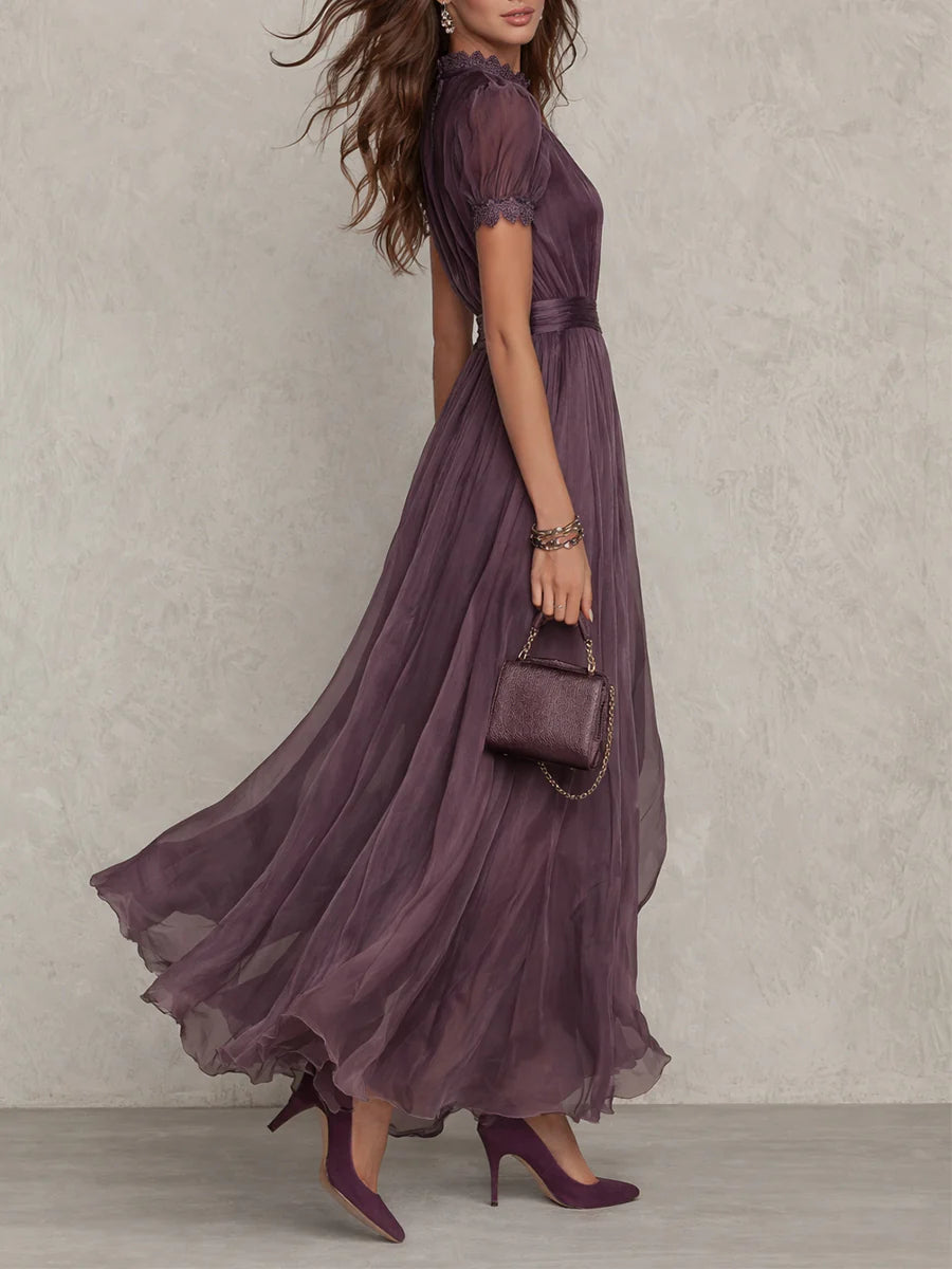 Purple Keyhole Neckline Chiffon Lace Trim Maxi Dress – view 2