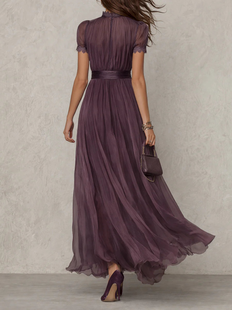 Purple Keyhole Neckline Chiffon Lace Trim Maxi Dress – view 3