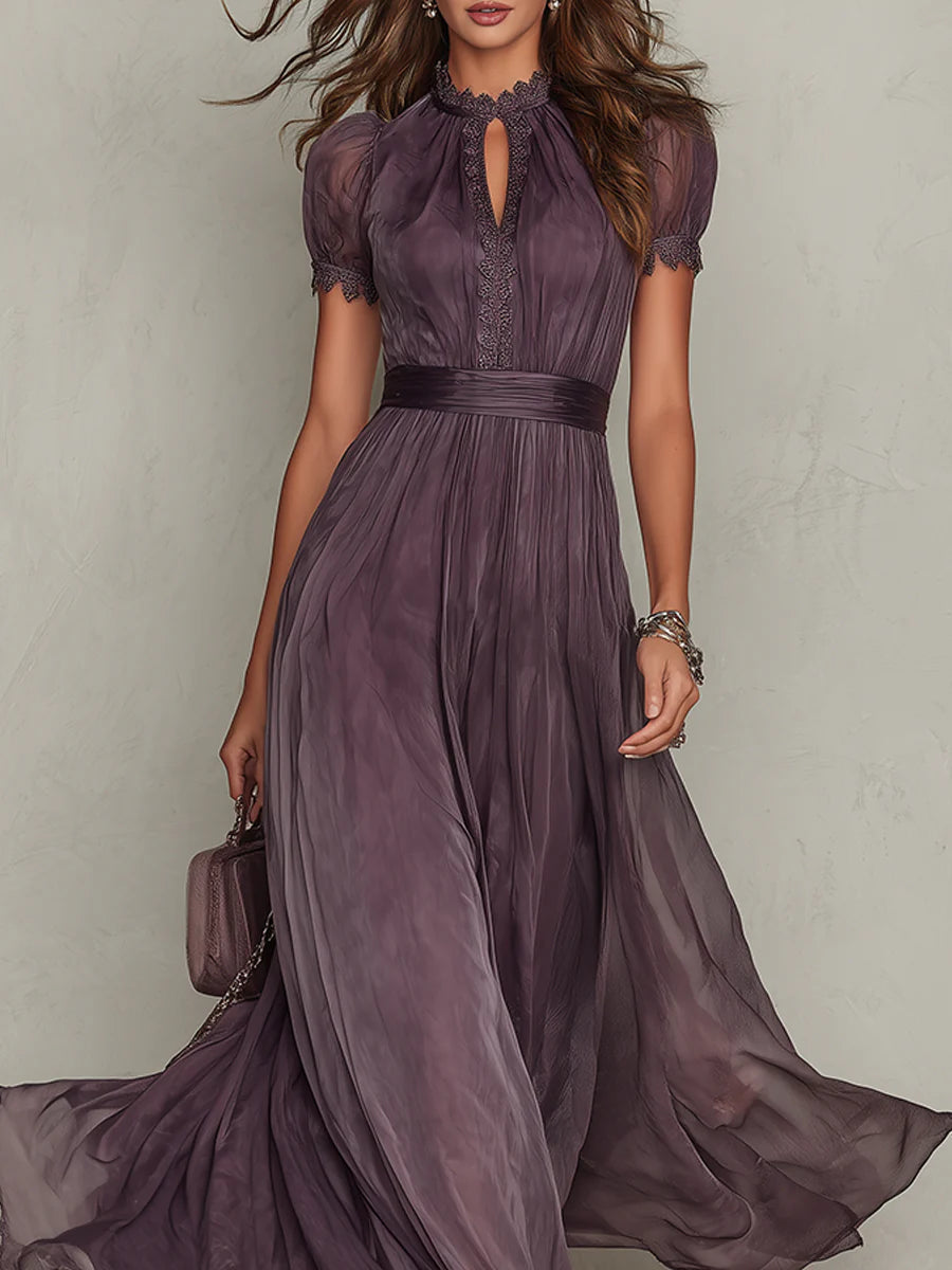 Purple Keyhole Neckline Chiffon Lace Trim Maxi Dress – view 4
