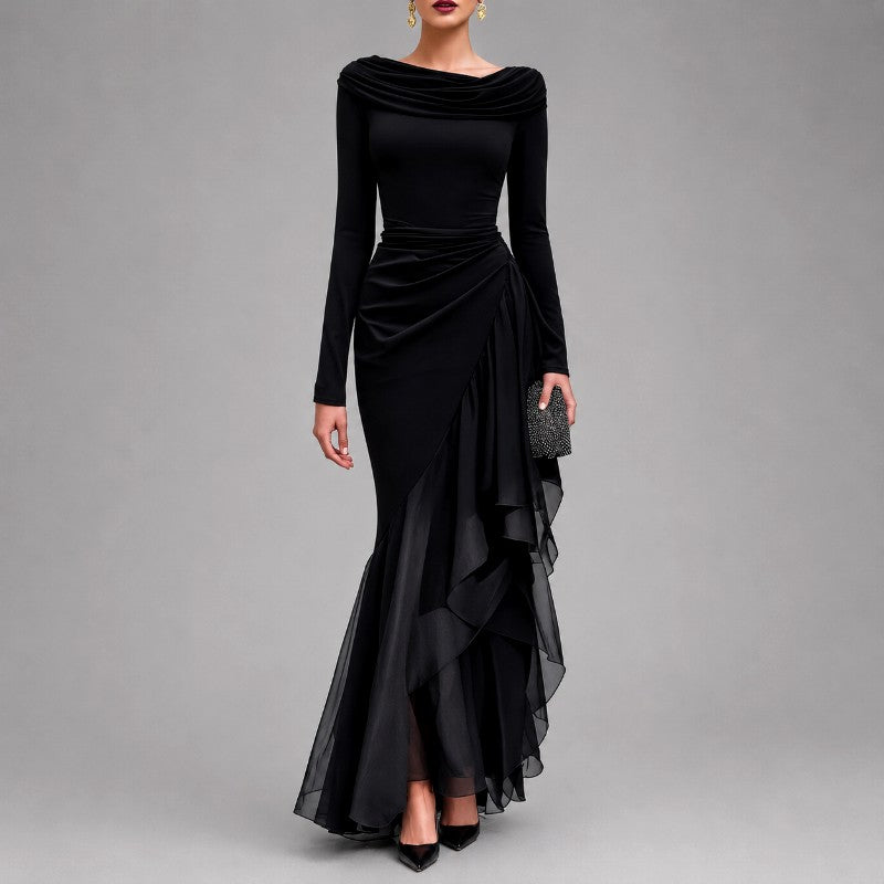 Renee - Women's Cowl Neck Asymmetric Evening Maxi Dress
