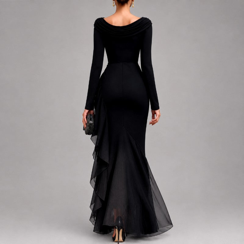 Renee - Women's Cowl Neck Asymmetric Evening Maxi Dress