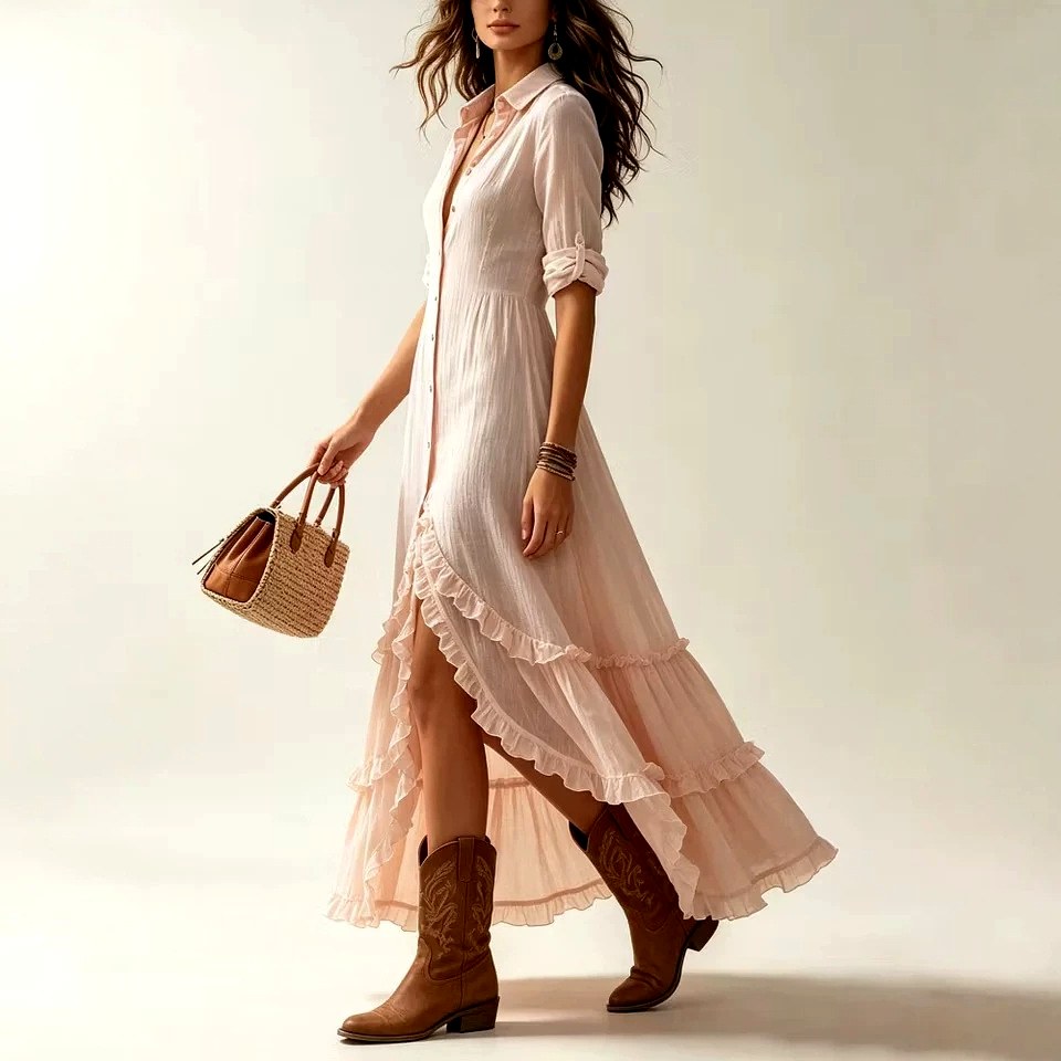 Shelby - Women's Tiered Ruffle Long Sleeve Maxi Dress
