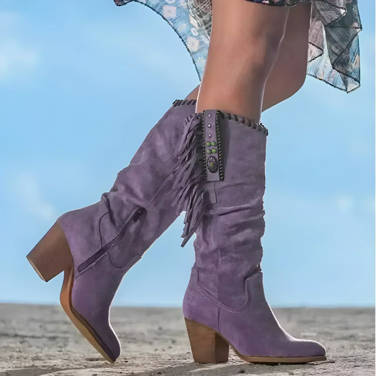 Skye – Faux Leather Western Boots with Fringe and Buckle Trim for Women – view 2