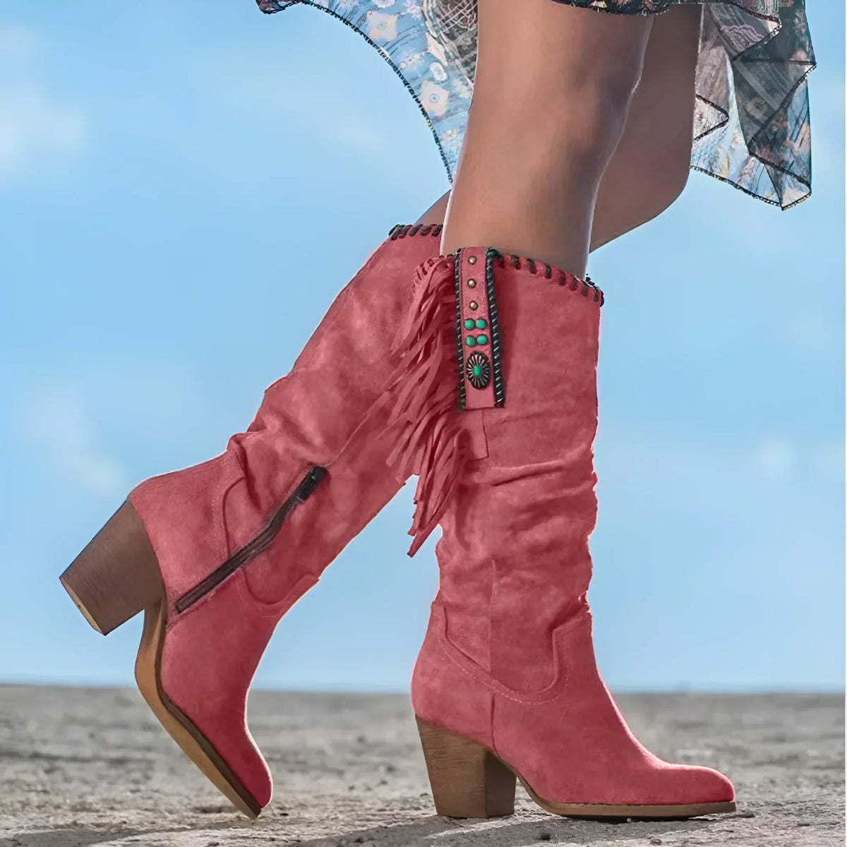 Skye – Faux Leather Western Boots with Fringe and Buckle Trim for Women – view 4