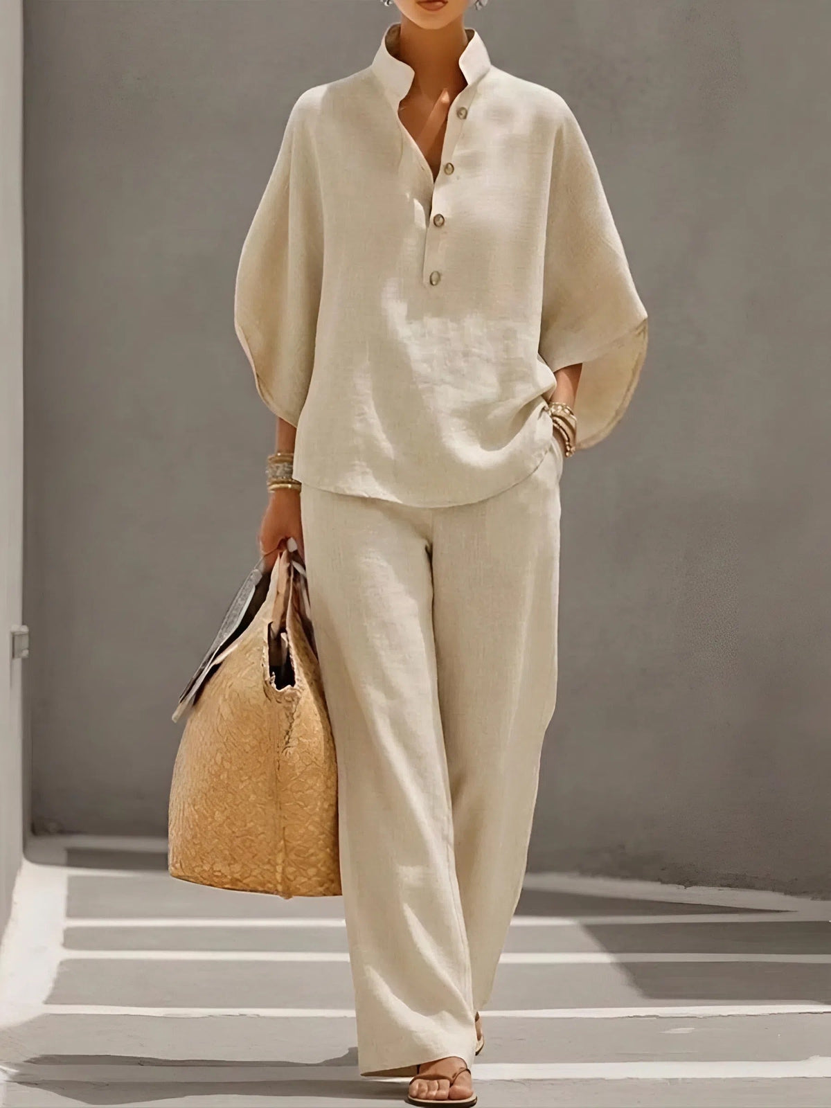 Women's Linen Batwing Sleeve Shirt and Wide-Leg Pants Set
