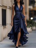 Solange | Women's Halterneck Wrap Maxi Dress, Asymmetrical Evening Dress