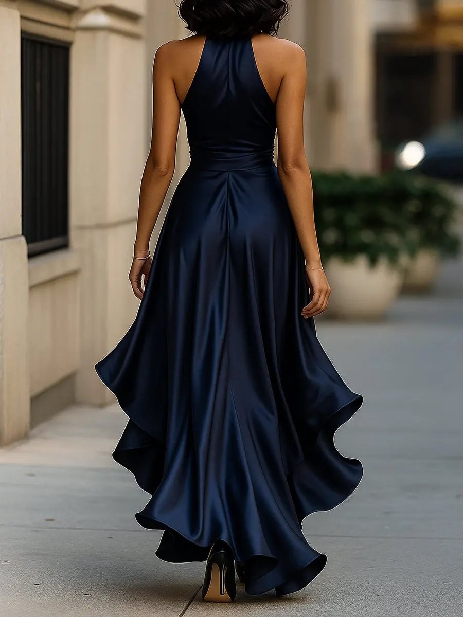 Solange | Women's Halterneck Wrap Maxi Dress, Asymmetrical Evening Dress