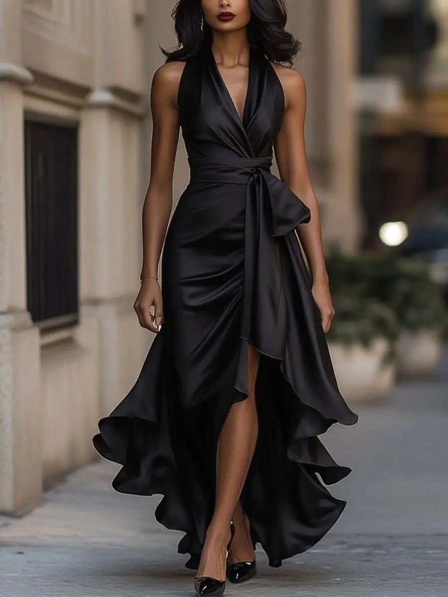 Solange – Women's Halterneck Wrap Maxi Dress, Asymmetrical Evening Dress – view 10
