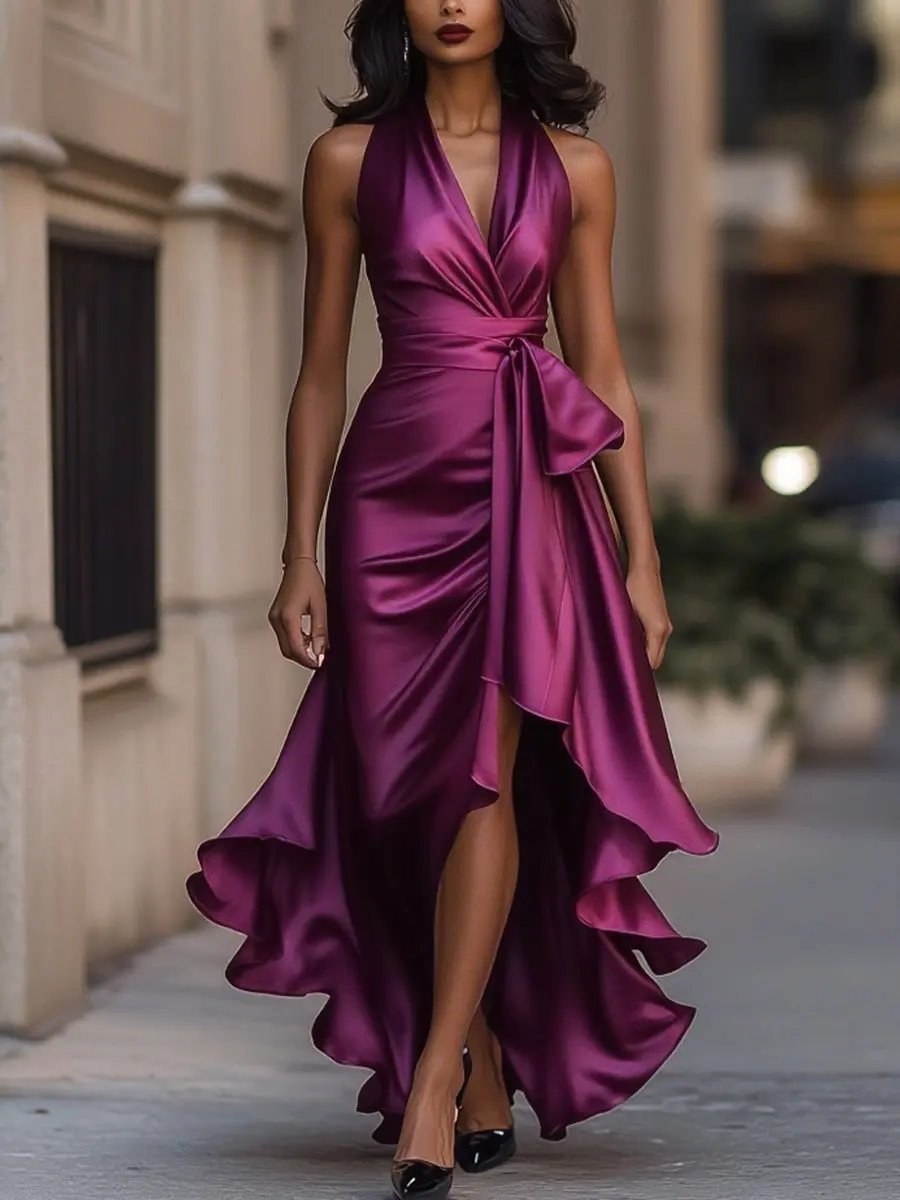 Solange – Women's Halterneck Wrap Maxi Dress, Asymmetrical Evening Dress – view 11