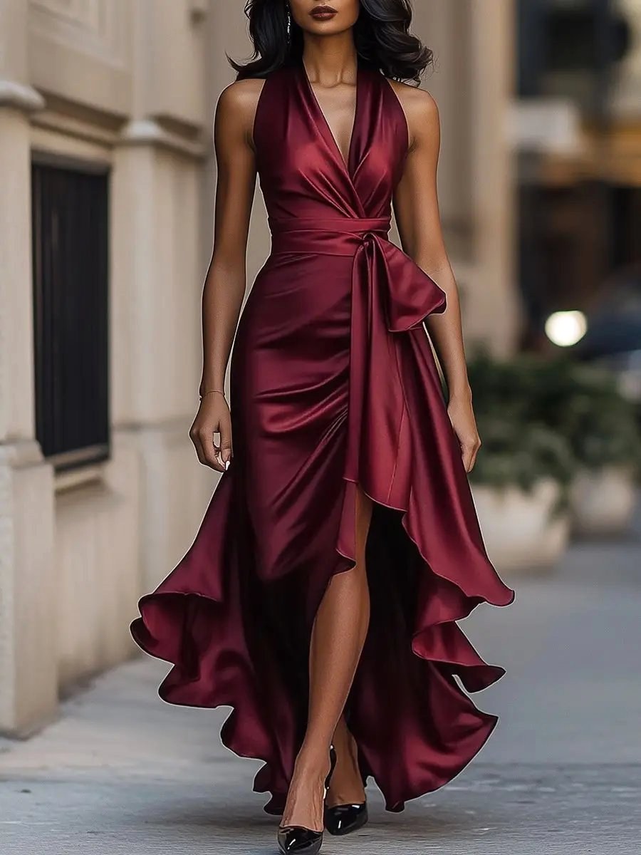 Solange – Women's Halterneck Wrap Maxi Dress, Asymmetrical Evening Dress – view 6