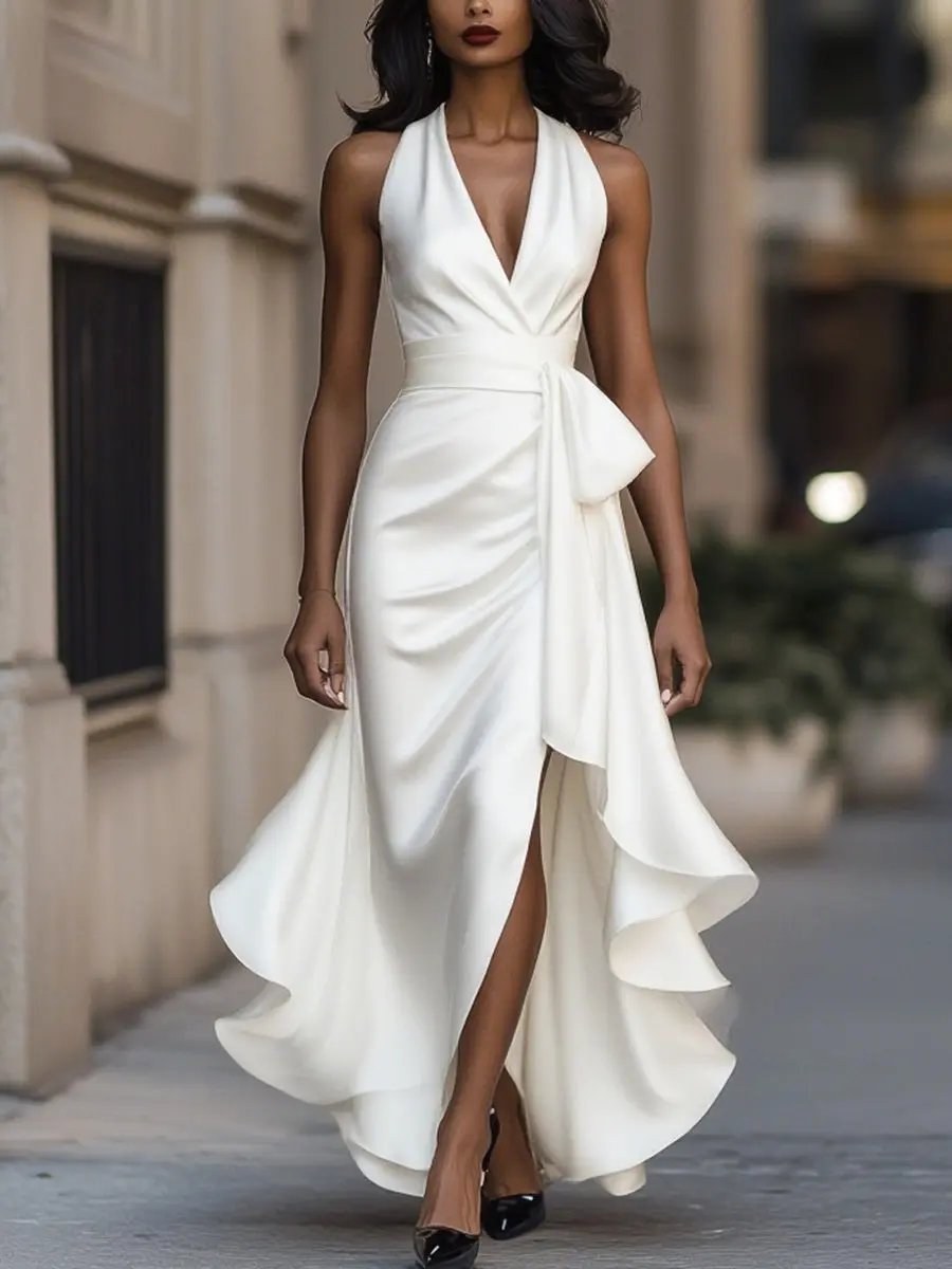 Solange – Women's Halterneck Wrap Maxi Dress, Asymmetrical Evening Dress – view 7