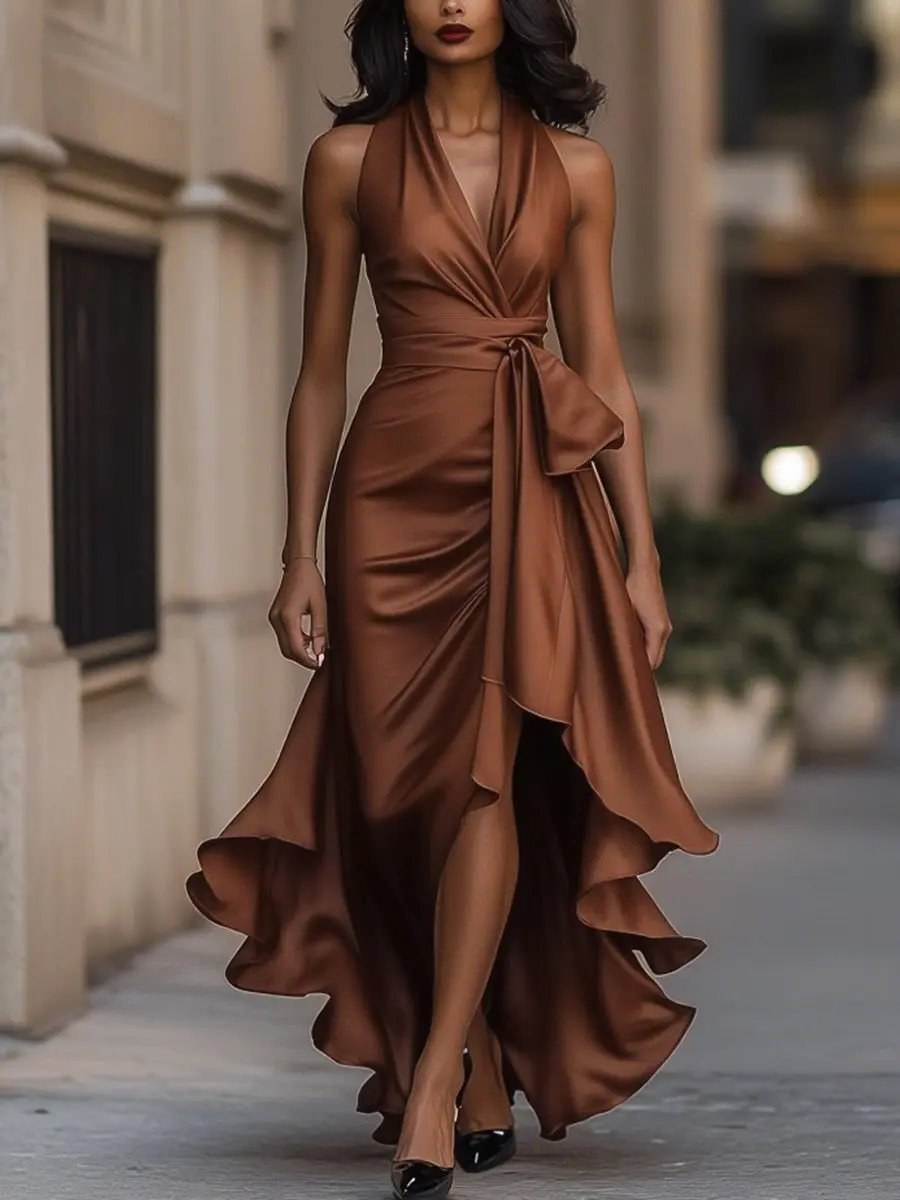 Solange – Women's Halterneck Wrap Maxi Dress, Asymmetrical Evening Dress – view 9