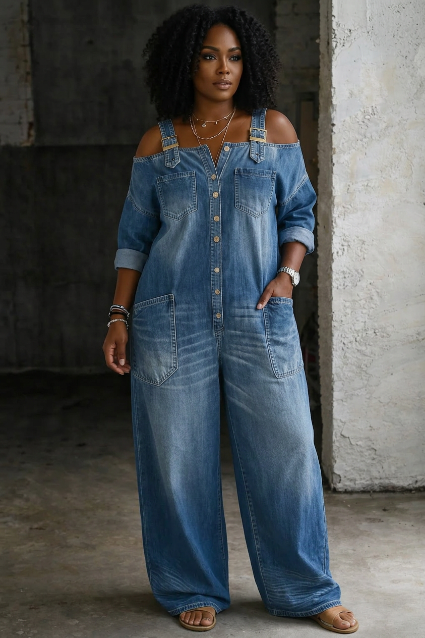Sorrel – Off Shoulder Denim Shirt Jumpsuit