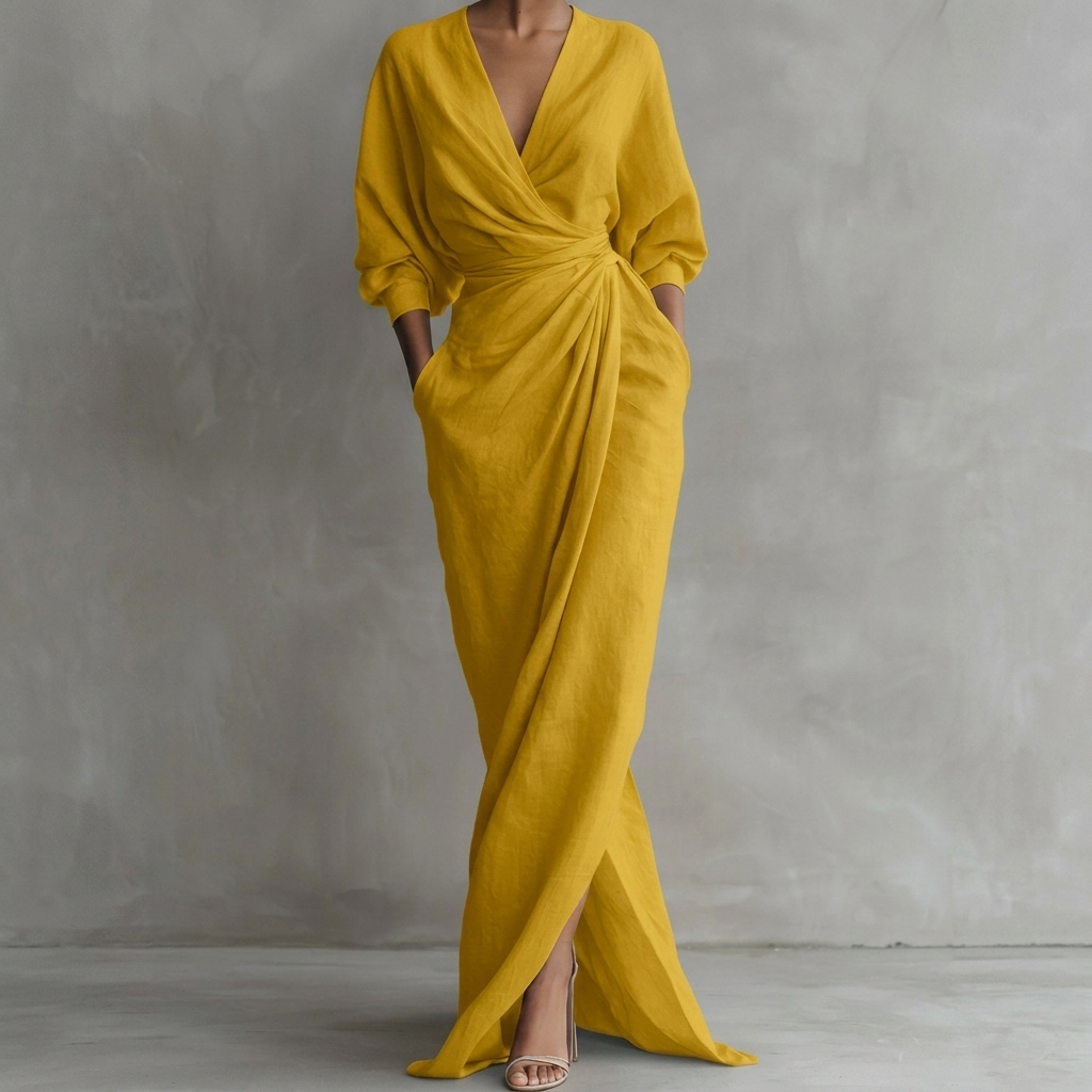 Thea Ruched Wrap-Front Long Sleeve Maxi Dress with Slit – view 2