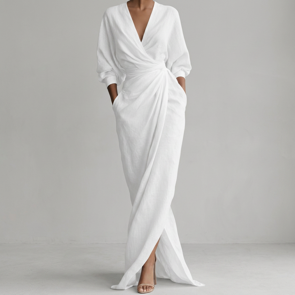 Thea Ruched Wrap-Front Long Sleeve Maxi Dress with Slit – view 3