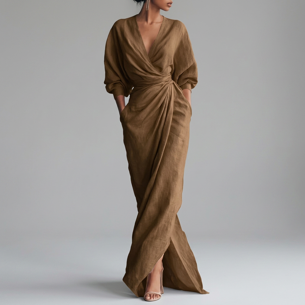 Thea Ruched Wrap-Front Long Sleeve Maxi Dress with Slit – view 4