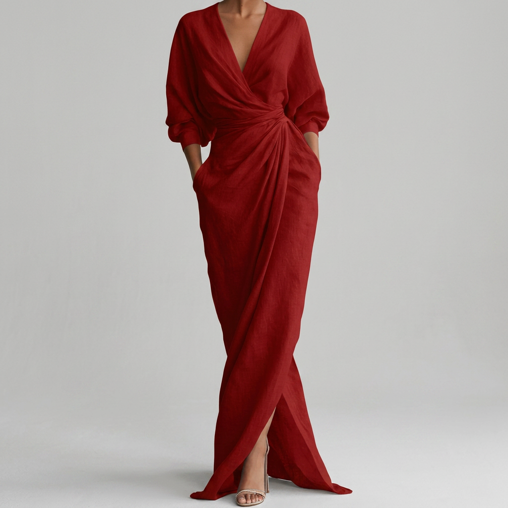 Thea Ruched Wrap-Front Long Sleeve Maxi Dress with Slit – view 5