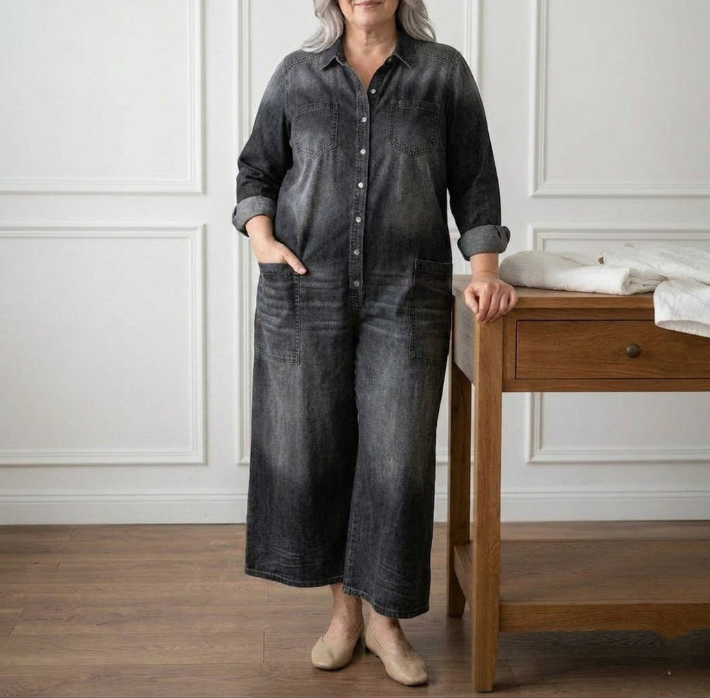 Pearl | Vintage Washed Soft Cotton Denim Jumpsuit with Button Closure