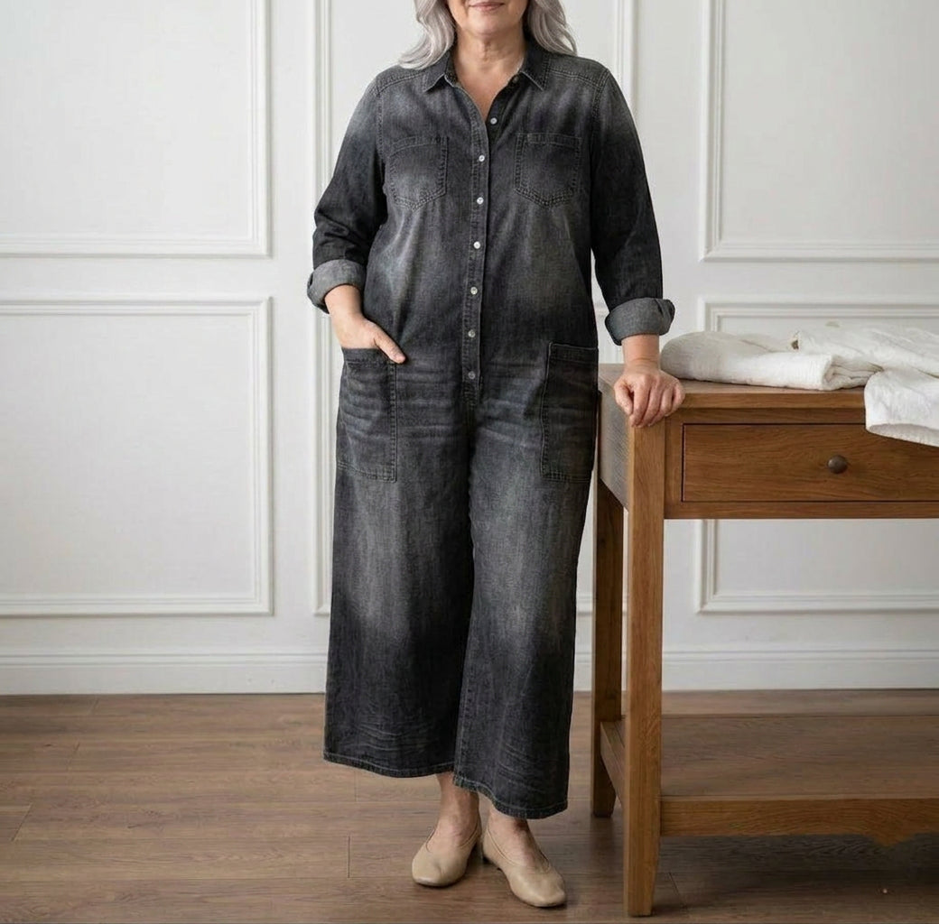 Pearl | Vintage Washed Soft Cotton Denim Jumpsuit with Button Closure
