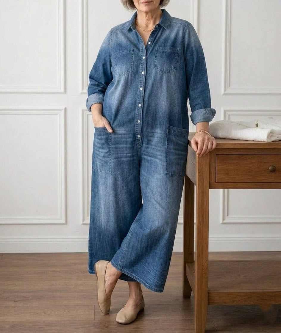 Pearl | Vintage Washed Soft Cotton Denim Jumpsuit with Button Closure