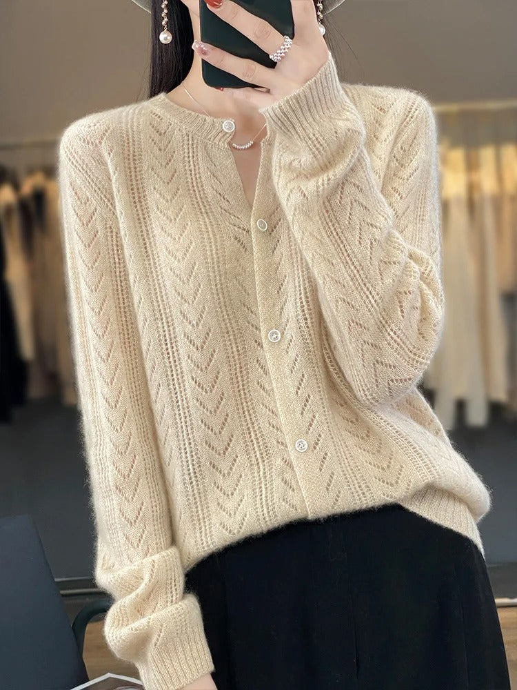Santorini | Pure Wool Cardigan with Chevron Pointelle Knit for Women