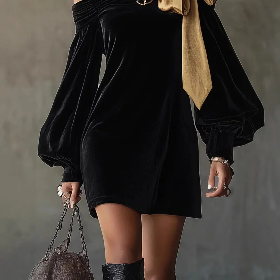 Women's Velvet Dress with Puff Sleeves and Bow Detail