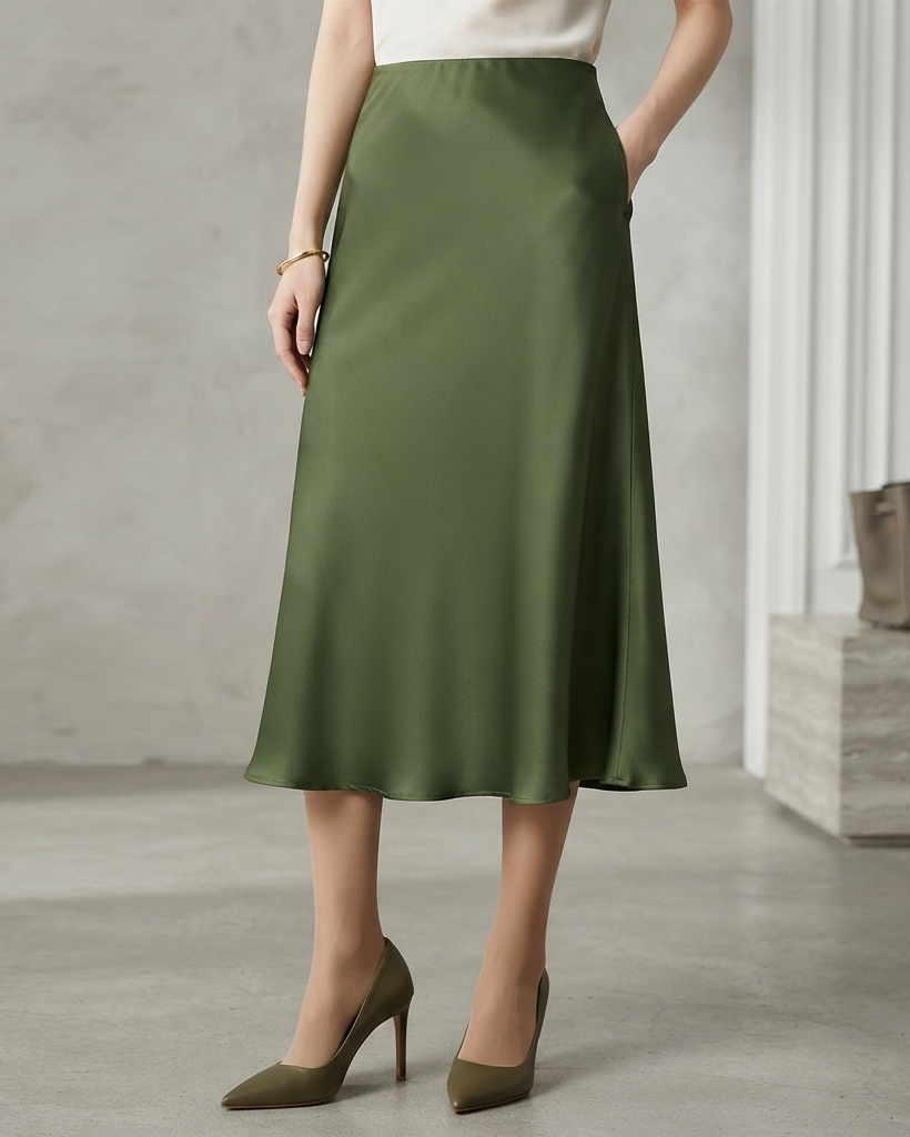 Verity – Swishy A Line Satin Midi Skirt for Women – view 4
