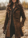Women's Coat | Vintage Suede Lapel Collar Mid-Length