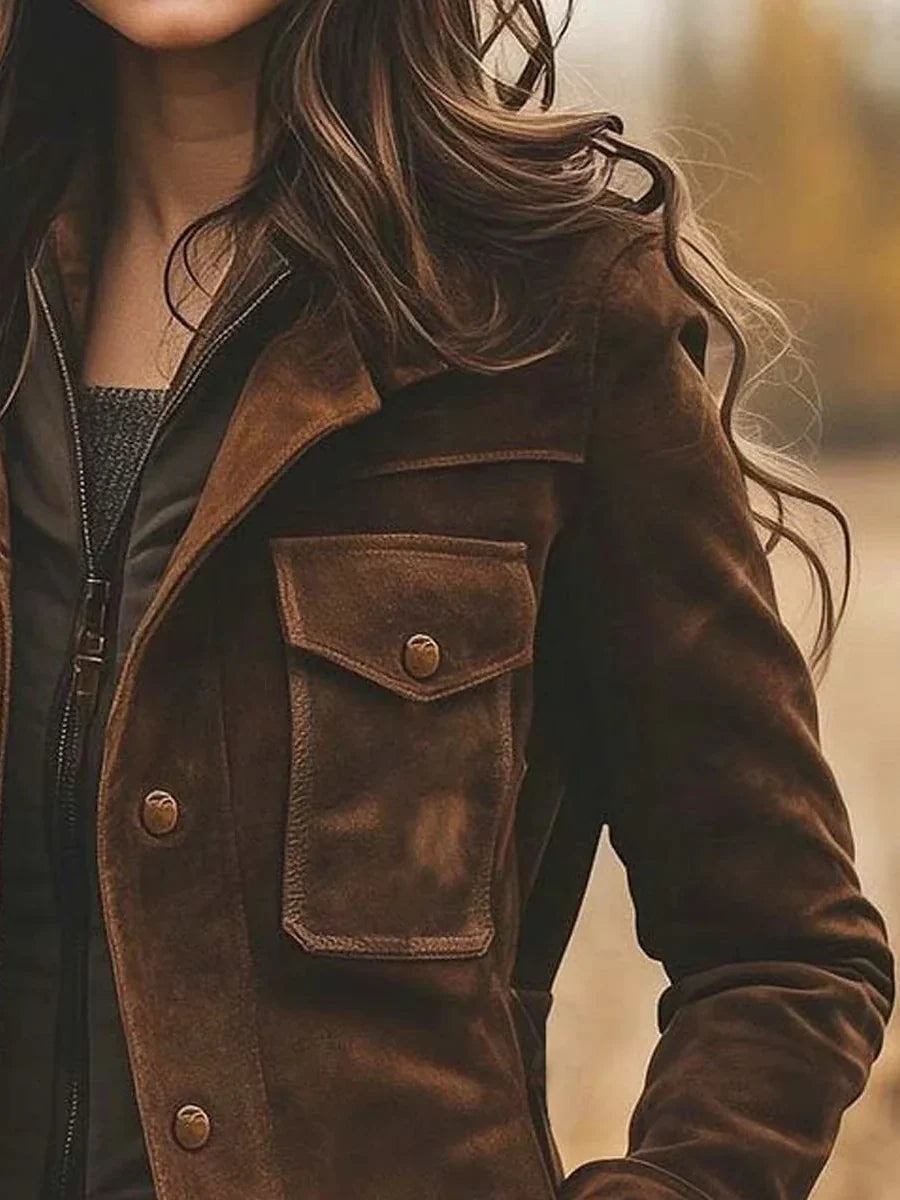 Women's Coat | Vintage Suede Lapel Collar Mid-Length