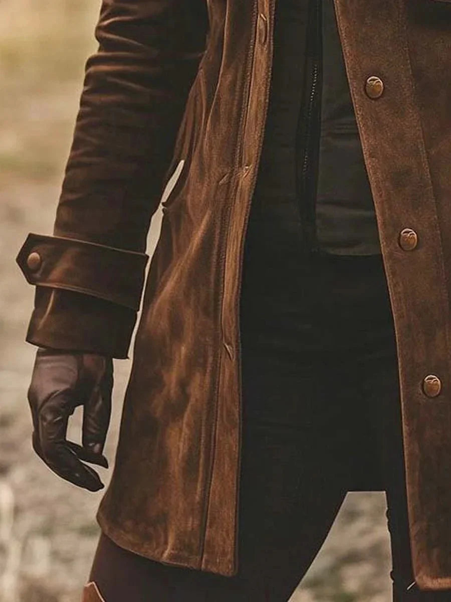 Women's Coat | Vintage Suede Lapel Collar Mid-Length