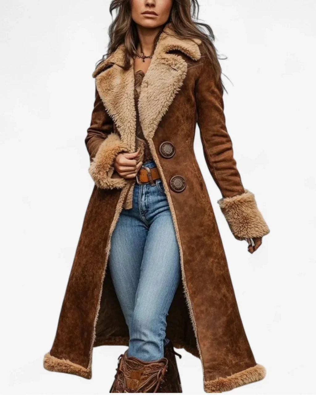 Women's Fur Coat | Long Sleeve Shearling Lined Brown