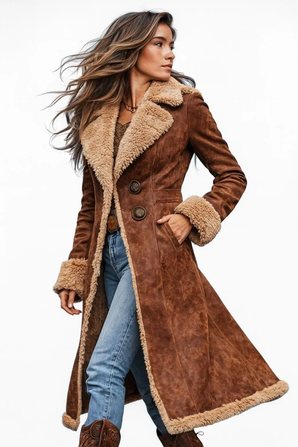 Women's Fur Coat | Long Sleeve Shearling Lined Brown