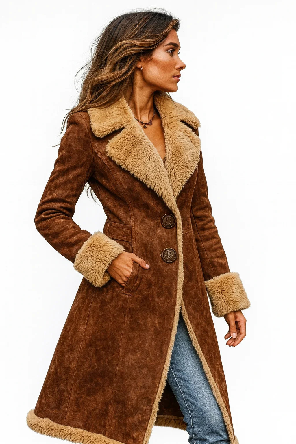 Women's Fur Coat | Long Sleeve Shearling Lined Brown