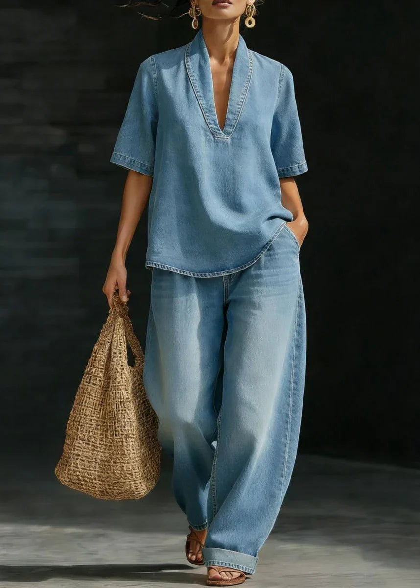 Women's Jeans Set | V-Neck Denim Patchwork Short Sleeve