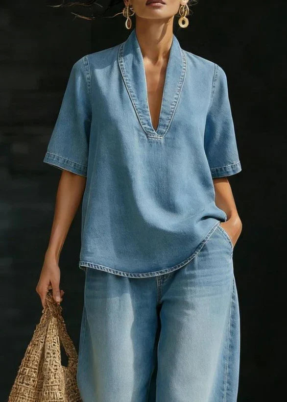 Women's Jeans Set | V-Neck Denim Patchwork Short Sleeve