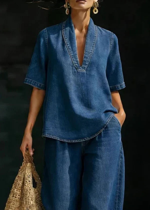 Women's Jeans Set | V-Neck Denim Patchwork Short Sleeve