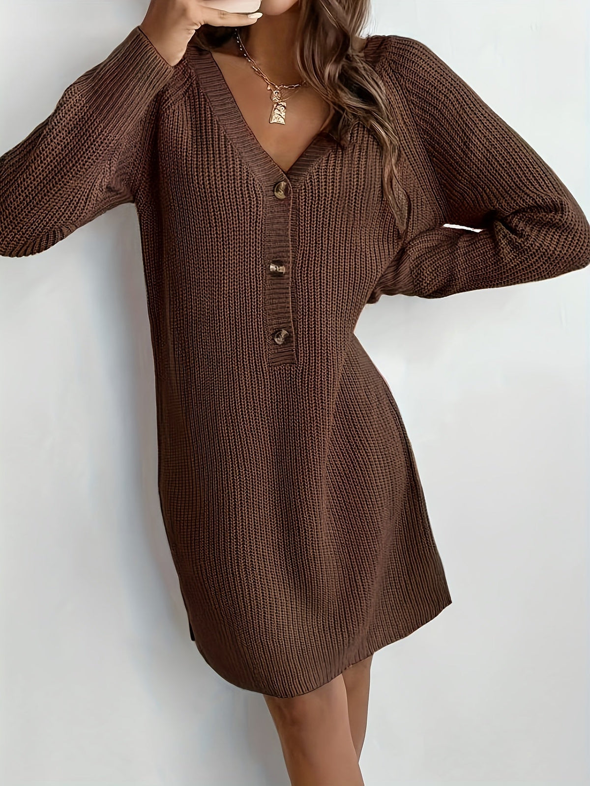 Women's Knitted Button-Front Dress with V-Neck – view 7