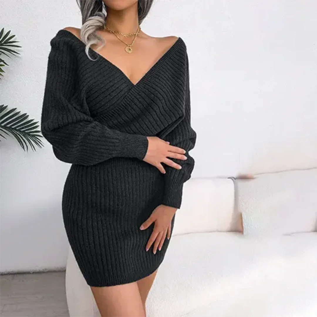 Women's Knitted V-Neck Dress with Long Sleeves – view 2